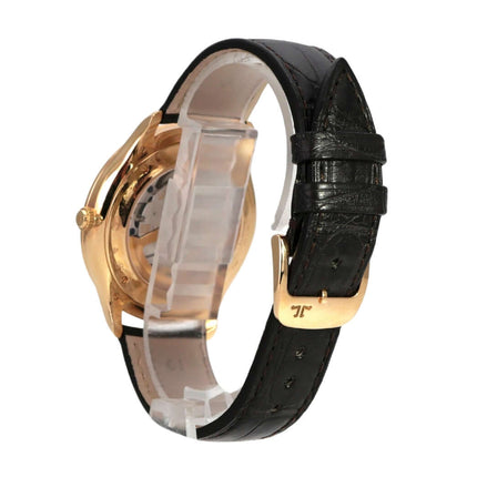 Jaeger-LeCoultre Master Grande Ultra Thin Q1272501 mit schwarzem Alligatorlederband und poliertem Roségold Gehäuse.