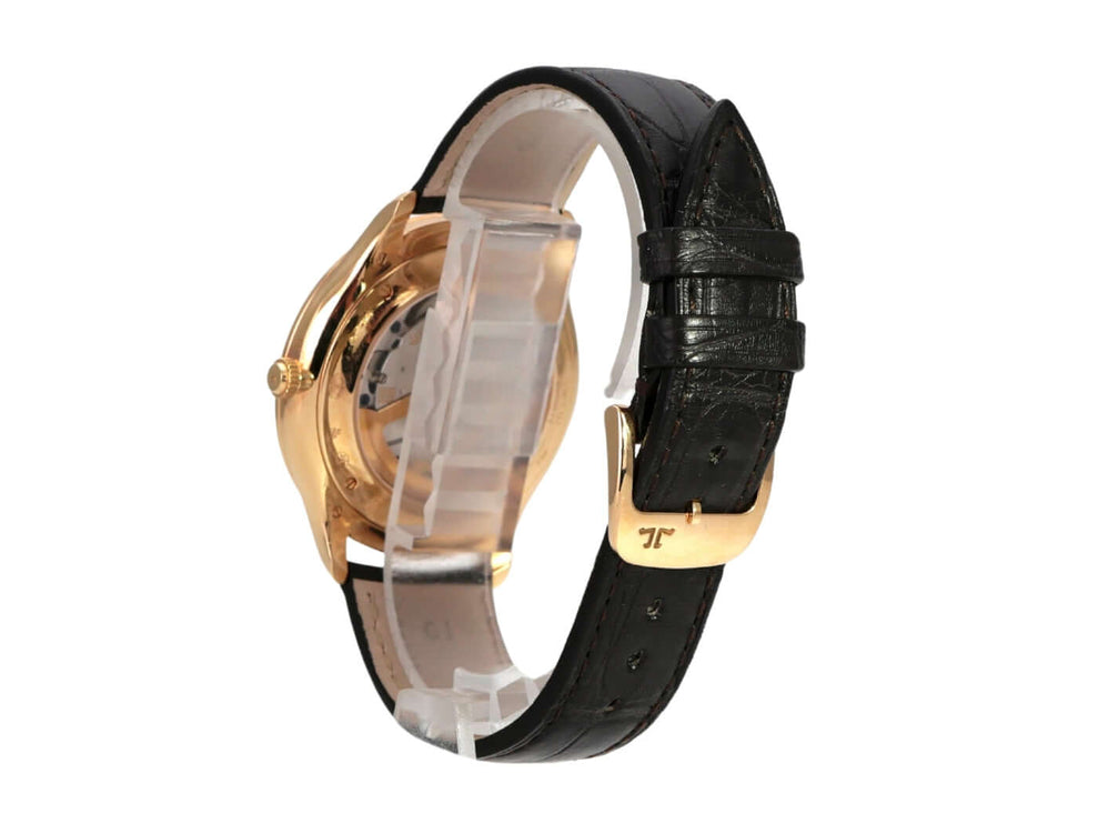 Jaeger-LeCoultre Master Grande Ultra Thin Q1272501 mit schwarzem Alligatorlederband und poliertem Roségold Gehäuse.