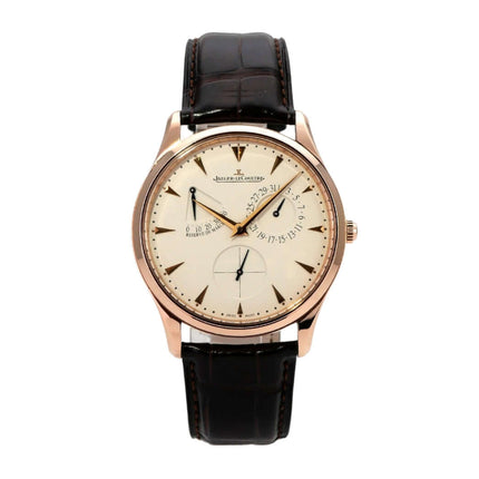 Jaeger-LeCoultre Master Ultra Thin Reserve de Marche Rotgold Q1372520 mit braunem Lederband und eierschalenfarbenem Zifferblatt