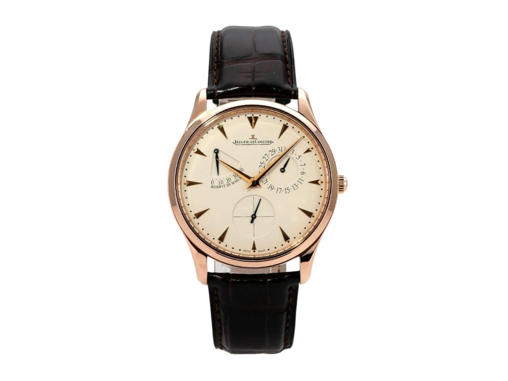 Jaeger-LeCoultre Master Ultra Thin Reserve de Marche Rotgold Q1372520 mit braunem Lederband und eierschalenfarbenem Zifferblatt