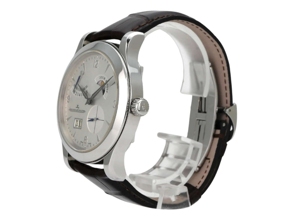 Jaeger-LeCoultre Master Control 8 Days Q1608420 Armbanduhr mit silberfarbenem Zifferblatt und braunem Lederband.