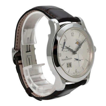 Jaeger-LeCoultre Master Control 8 Days Q1608420 elegante Uhr mit Edelstahl-Gehäuse und braunem Lederband.