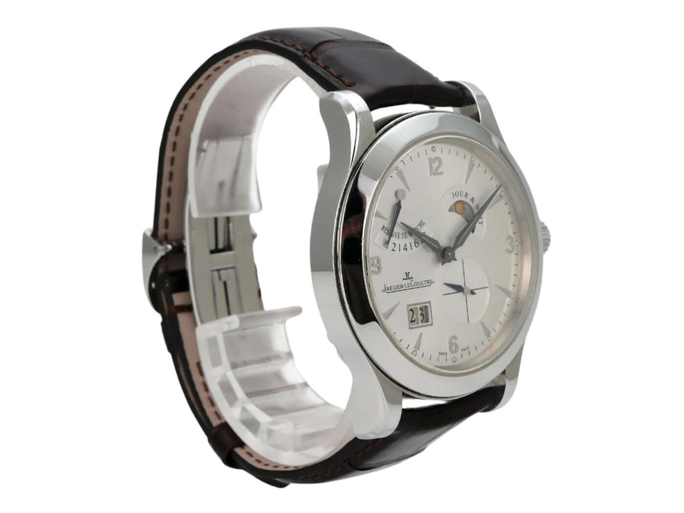 Jaeger-LeCoultre Master Control 8 Days Q1608420 elegante Uhr mit Edelstahl-Gehäuse und braunem Lederband.