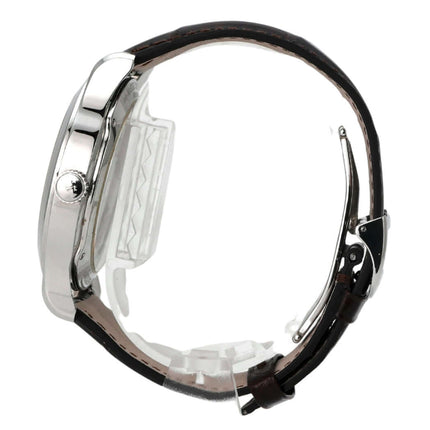 Jaeger-LeCoultre Master Control 8 Days Q1608420 Uhr seitliche Ansicht mit braunem Lederband und Edelstahlgehäuse.