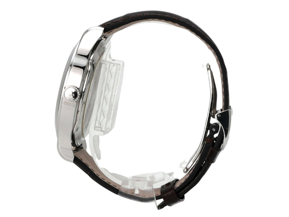 Jaeger-LeCoultre Master Control 8 Days Q1608420 Uhr seitliche Ansicht mit braunem Lederband und Edelstahlgehäuse.