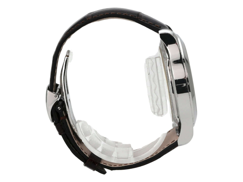 Seitenansicht der Jaeger-LeCoultre Master Control 8 Days Q1608420 Uhr mit Lederband und glänzendem Edelstahlgehäuse.