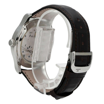 Detailansicht der Jaeger-LeCoultre Master Control 8 Days Q1608420 mit braunem Lederband und Edelstahlgehäuse.