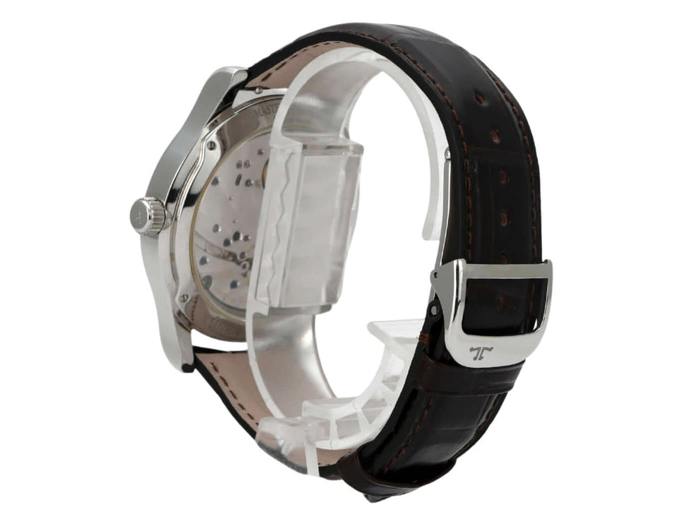 Detailansicht der Jaeger-LeCoultre Master Control 8 Days Q1608420 mit braunem Lederband und Edelstahlgehäuse.