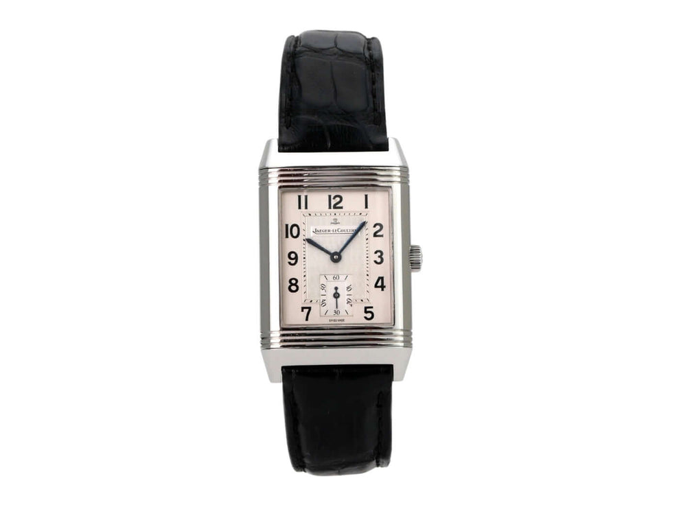 Jaeger-LeCoultre Reverso Grande Taille Q2708411, Edelstahl, schwarzes Lederarmband, silbernes Zifferblatt