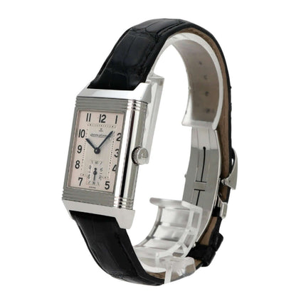 Jaeger-LeCoultre Reverso Grande Taille Q2708411, gebrauchte Edelstahl-Herrenuhr mit schwarzem Lederarmband