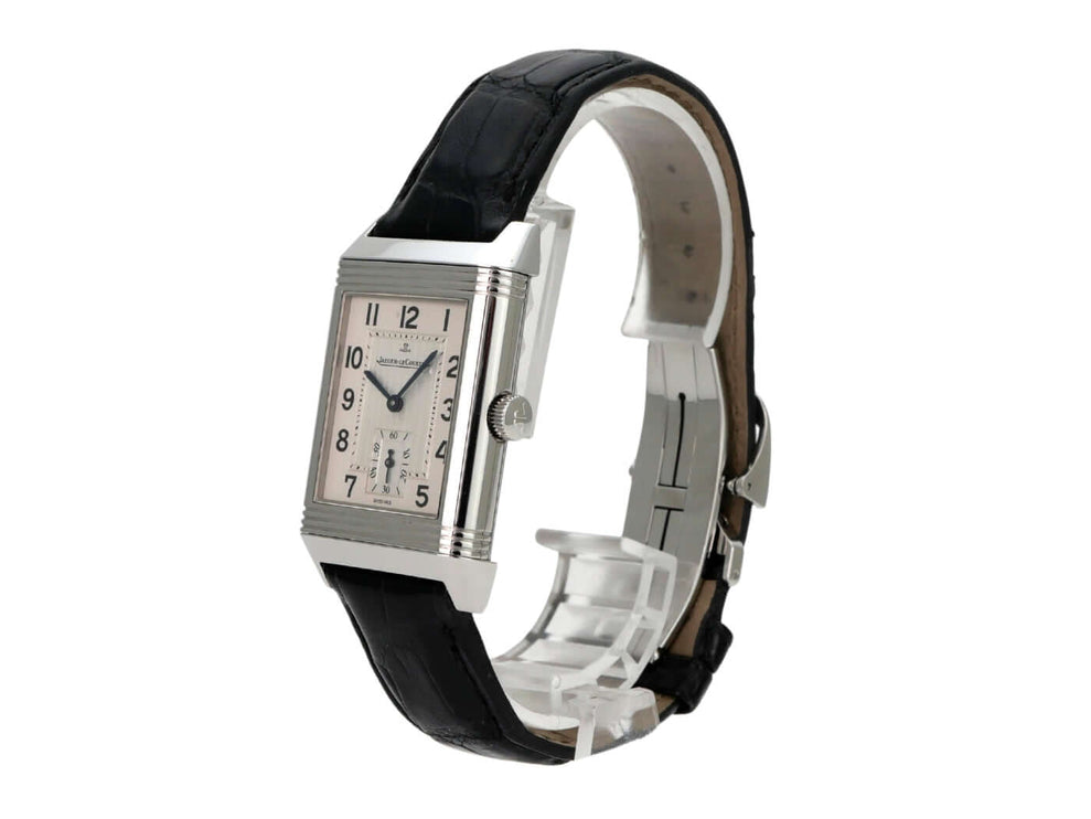Jaeger-LeCoultre Reverso Grande Taille Q2708411, gebrauchte Edelstahl-Herrenuhr mit schwarzem Lederarmband