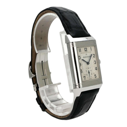 Jaeger-LeCoultre Reverso Grande Taille Q2708411, gebrauchte Edelstahl-Herrenuhr mit schwarzem Lederarmband