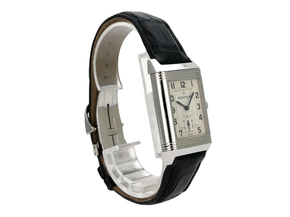 Jaeger-LeCoultre Reverso Grande Taille Q2708411, gebrauchte Edelstahl-Herrenuhr mit schwarzem Lederarmband