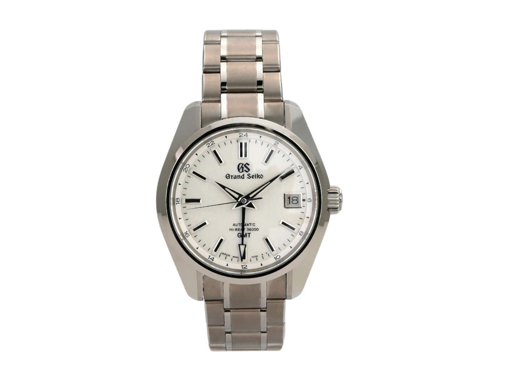 Grand Seiko 44GS 55th Anniversary GMT SBGJ255G, Edelstahl, silberfarbenes Zifferblatt, polierte und satinierte Lünette.