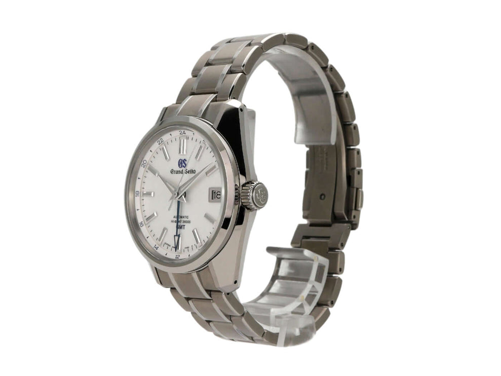Grand Seiko 44GS SBGJ255G, Edelstahl-Lünette, silberfarbenes Zifferblatt, Automatikwerk, 55 Stunden Gangreserve, GMT-Funktion.