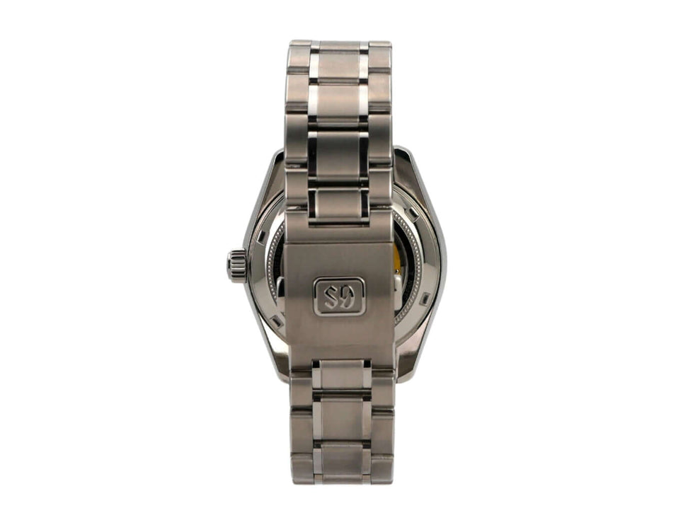 Grand Seiko 44GS 55th Anniversary Limited Edition GMT SBGJ255G, Edelstahlgehäuse, poliertes Armband, Detailansicht von hinten.