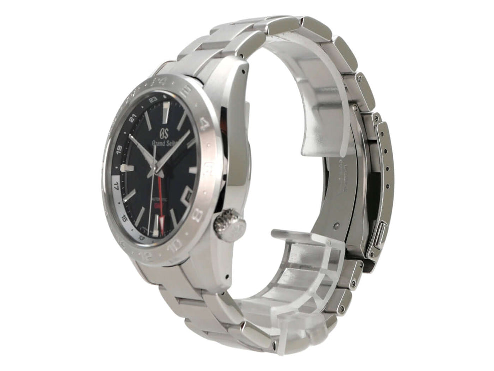 Grand Seiko Sport GMT SBGM245G Armbanduhr mit schwarzem Zifferblatt und Edelstahlarmband.