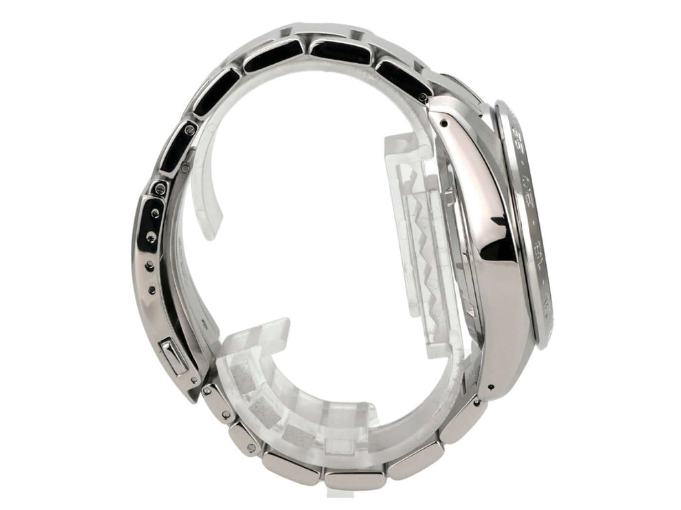 Seitenansicht der Grand Seiko Sport GMT SBGM245G mit poliertem Edelstahlarmband und Gehäuse.