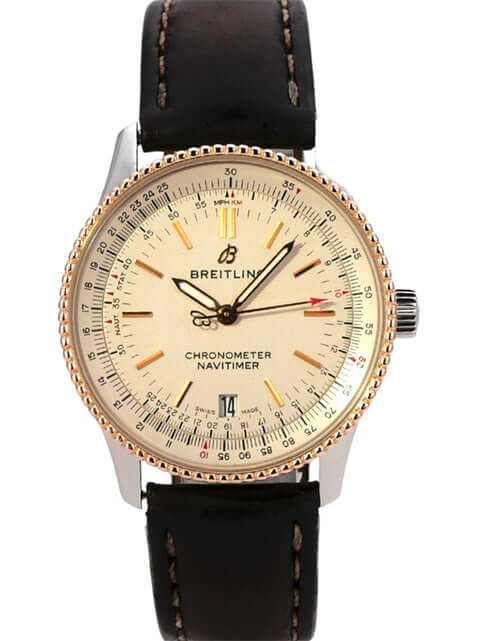 Breitling Navitimer 1 Automatic 38 U17325211G1P1 mit Edelstahlgehäuse und braunem Krokolederband.