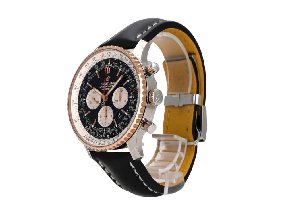 Breitling Navitimer 1 B01 Chronograph 46 UB0127211B1P2 mit edlem schwarzen Krokolederband und drehbarer Rotgold-Lünette.