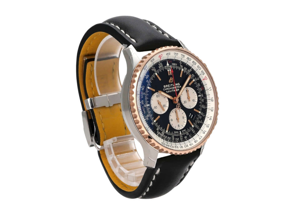 Breitling Navitimer 1 B01 Chronograph 46 UB0127211B1P2 mit schwarzem Krokolederband und Rotgold-Lünette.