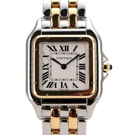 Cartier Panthere de Cartier Edelstahl Gelbgold W2PN0016 - Nahaufnahme des Edelstahl- und Gelbgold-Gehäuses, das die Eleganz des Modells betont.