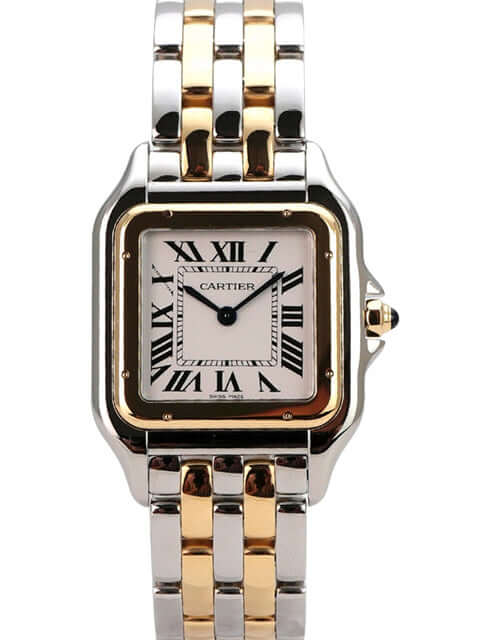 Cartier Panthere de Cartier Edelstahl Gelbgold W2PN0016 - Nahaufnahme des Edelstahl- und Gelbgold-Gehäuses, das die Eleganz des Modells betont.