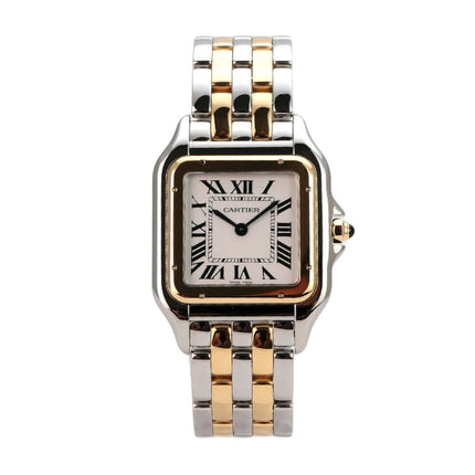 Cartier Panthere de Cartier Edelstahl Gelbgold W2PN0016 - Detailansicht des silberfarbenen Zifferblatts mit römischen Ziffern und gebläuten Stahlzeigern.