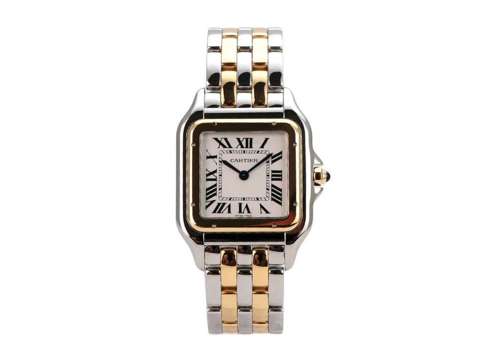 Cartier Panthere de Cartier Edelstahl Gelbgold W2PN0016 - Detailansicht des silberfarbenen Zifferblatts mit römischen Ziffern und gebläuten Stahlzeigern.