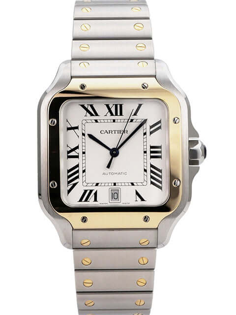 Cartier Santos de Cartier W2SA0009 Edelstahl Gelbgold großes Modell, silbernes Zifferblatt, Automatik, 39,8 mm