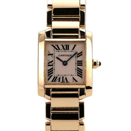 Cartier Tank Francaise kleines Modell Gelbgold W50002N2, 18 kt Gelbgold, römische Ziffern, silberfarbenes Zifferblatt.
