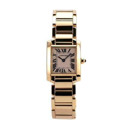 Cartier Tank Francaise kleines Modell W50002N2, 18 kt Gelbgold, silberfarbenes Zifferblatt, römische Ziffern, elegante Designeruhr.
