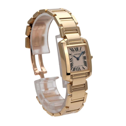 Cartier Tank Francaise kleines Modell in 18 kt Gelbgold mit silberfarbenem Zifferblatt und römischen Ziffern.