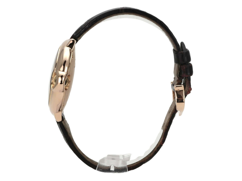 Cartier Ballon Bleu de Cartier W6920097 Rotgold Leder Uhr seitliche Ansicht mit braunem Lederarmband.