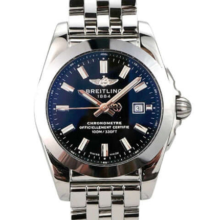Breitling Galactic 29 W72348121B2A1 Edelstahl Uhr mit schwarzem Zifferblatt und Armband aus Edelstahl.