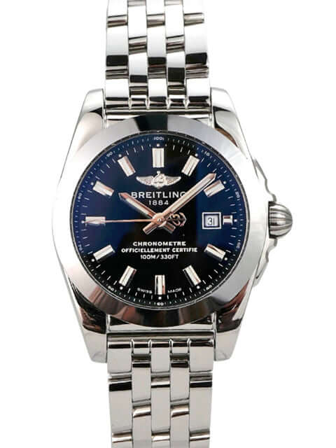 Breitling Galactic 29 W72348121B2A1 Edelstahl Uhr mit schwarzem Zifferblatt und Armband aus Edelstahl.