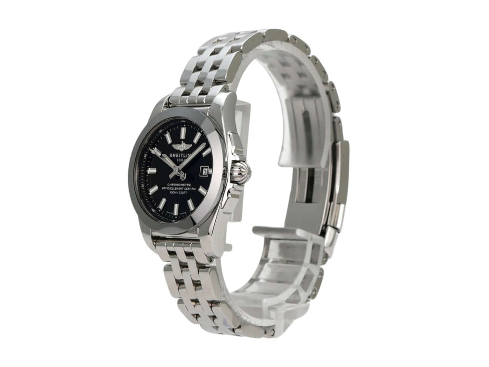 Breitling Galactic 29 W72348121B2A1 Uhr mit Edelstahlarmband und schwarzem Zifferblatt, Quarzwerk, wasserdicht bis 10 bar.