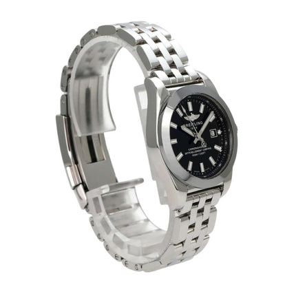 Breitling Galactic 29 W72348121B2A1 Edelstahl Uhr mit schwarzem Zifferblatt und glänzendem Armband.