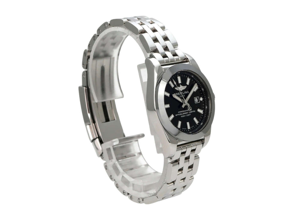 Breitling Galactic 29 W72348121B2A1 Edelstahl Uhr mit schwarzem Zifferblatt und glänzendem Armband.