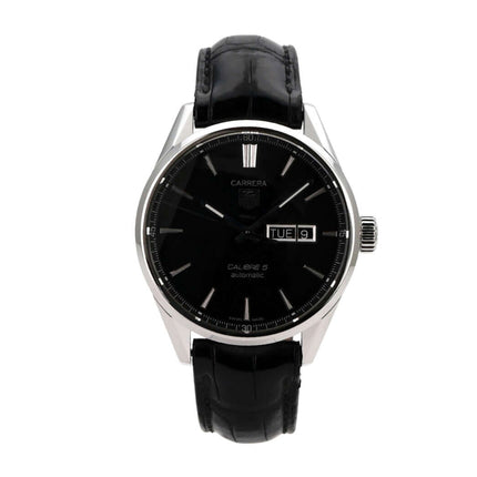 TAG Heuer Carrera Automatik Day-Date WAR201A.FC6266 mit schwarzem Zifferblatt und schwarzem Lederband.