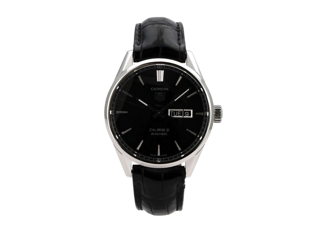 TAG Heuer Carrera Automatik Day-Date WAR201A.FC6266 mit schwarzem Zifferblatt und schwarzem Lederband.
