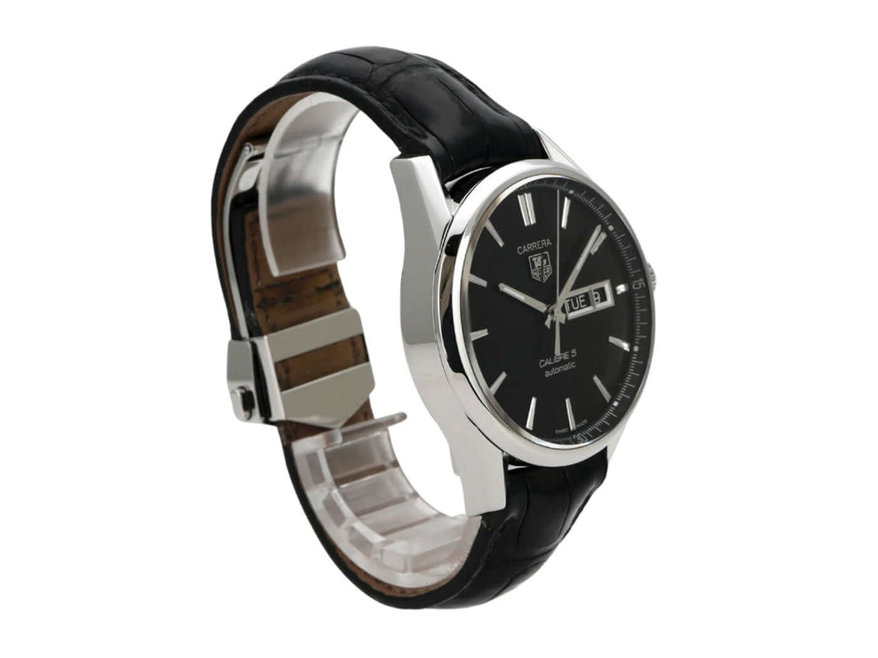 TAG Heuer Carrera Automatik Day-Date WAR201A.FC6266 Uhr mit schwarzem Lederband und schwarzem Zifferblatt