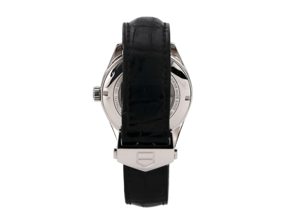 TAG Heuer Carrera Automatik Day-Date WAR201A.FC6266 Rückansicht mit schwarzem Lederband und Faltschließe.