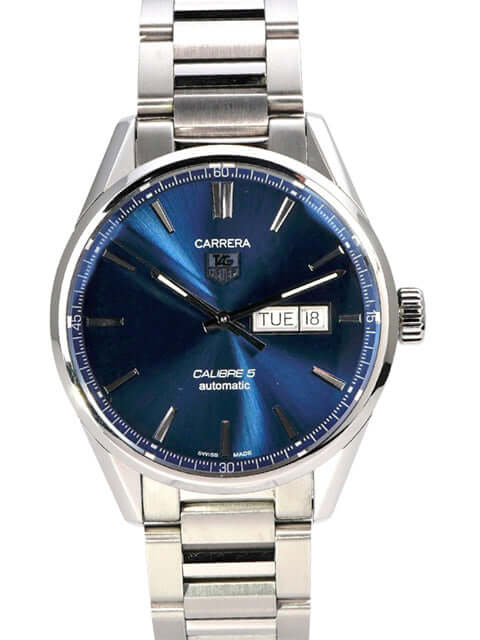TAG Heuer Carrera WAR201E.BA0723 Automatik Day-Date Calibre 5 mit blauem Zifferblatt und Edelstahlarmband.