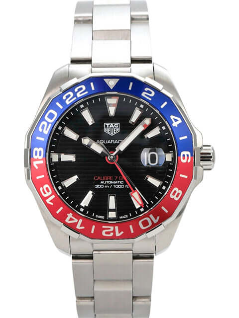 TAG Heuer Aquaracer Calibre 7 WAY201F.BA0927 Twin-Time mit schwarzem Zifferblatt und rot-blauer Lünette aus Edelstahl.