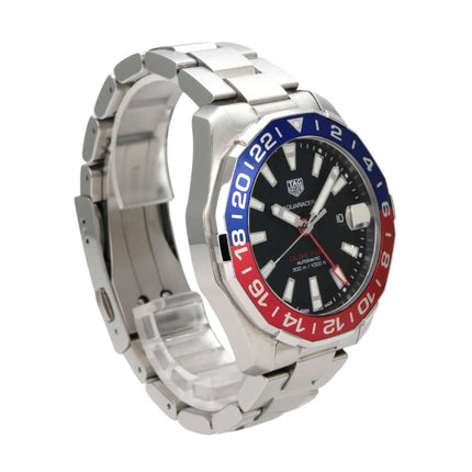 TAG Heuer Aquaracer Calibre 7 WAY201F.BA0927 Twin-Time Armbanduhr mit Edelstahlarmband und schwarzem Zifferblatt.
