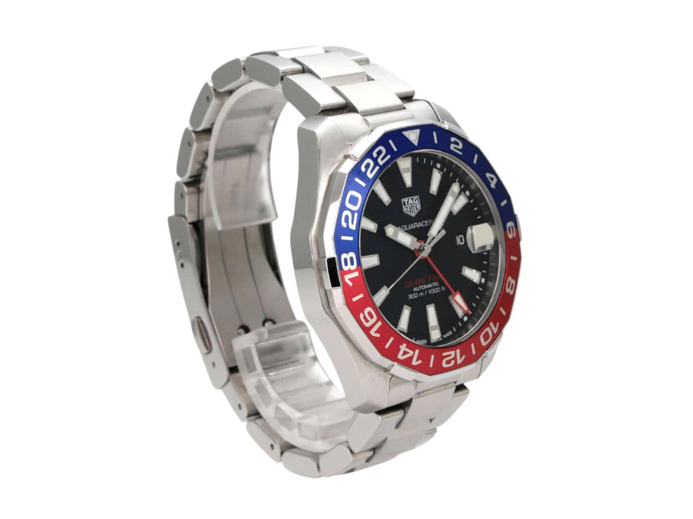 TAG Heuer Aquaracer Calibre 7 WAY201F.BA0927 Twin-Time Armbanduhr mit Edelstahlarmband und schwarzem Zifferblatt.