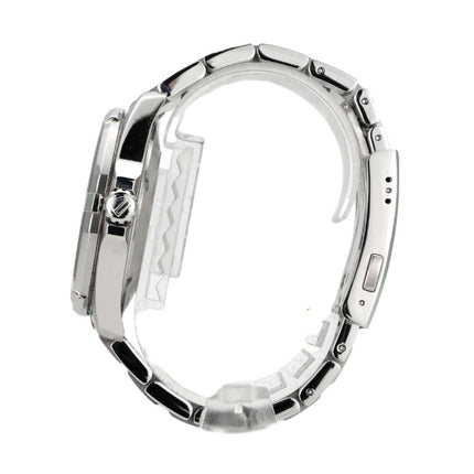 Seitenansicht der TAG Heuer Aquaracer 300M Quarz 41 WBD1110.BA0928 Uhr mit Edelstahlarmband und verschraubter Krone.