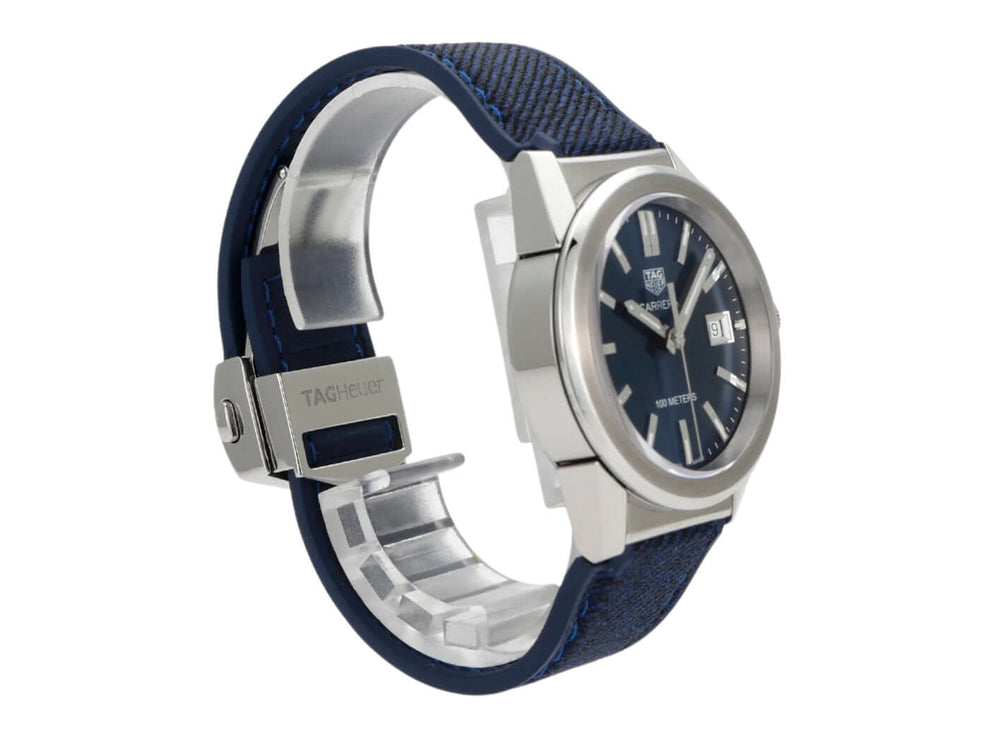 TAG Heuer Carrera WBG1310.FT6115 Uhr mit blauem Armband und Zifferblatt, Edelstahlgehäuse seitlich.