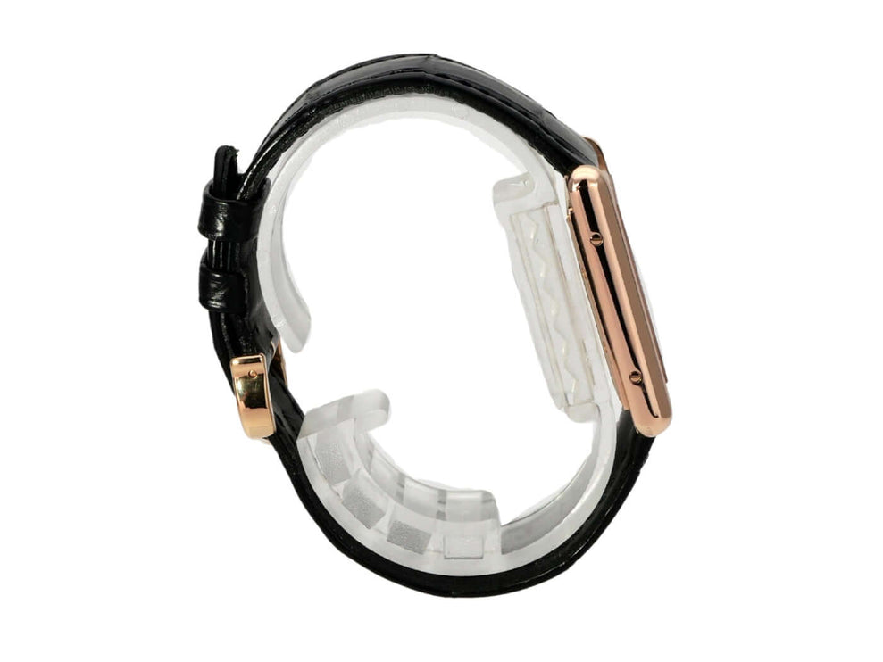 Seitenansicht der Cartier Tank Louis Cartier Large WGTA0092 mit schwarzem Lederarmband und Roségold-Gehäuse.